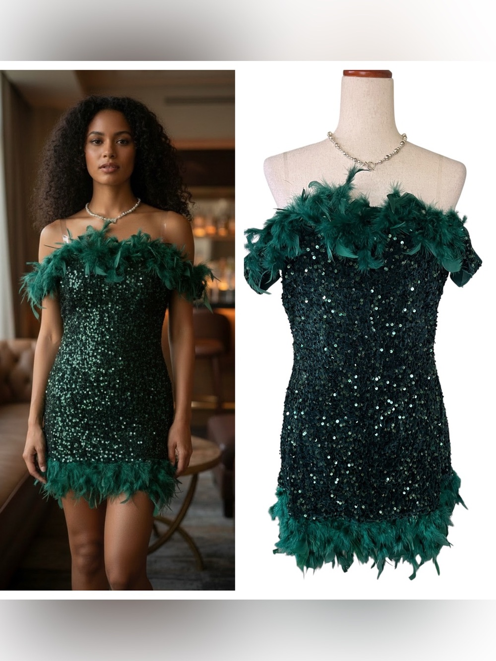 LORAGAL Green Sequine Mini Dress With Feather Trim